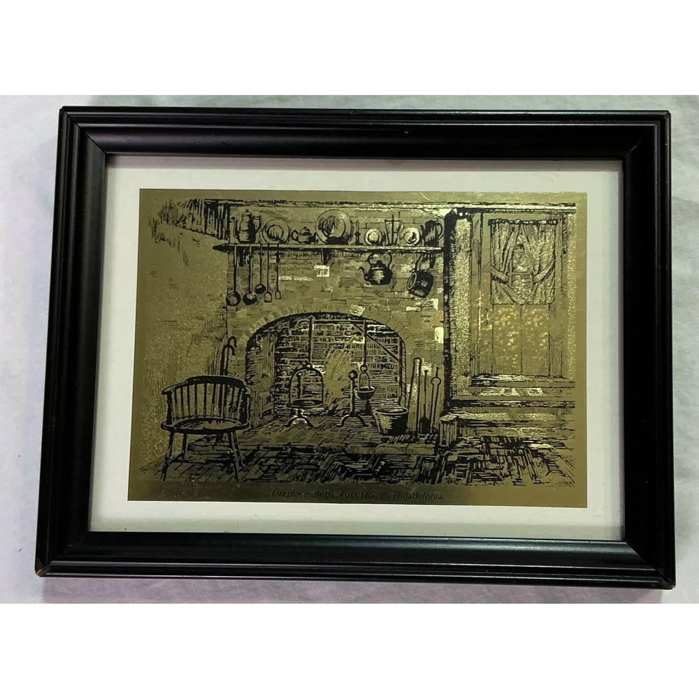 Vintage Betsy Ross House Philadelphia Gold Foil Framed Wall Art Print Decor